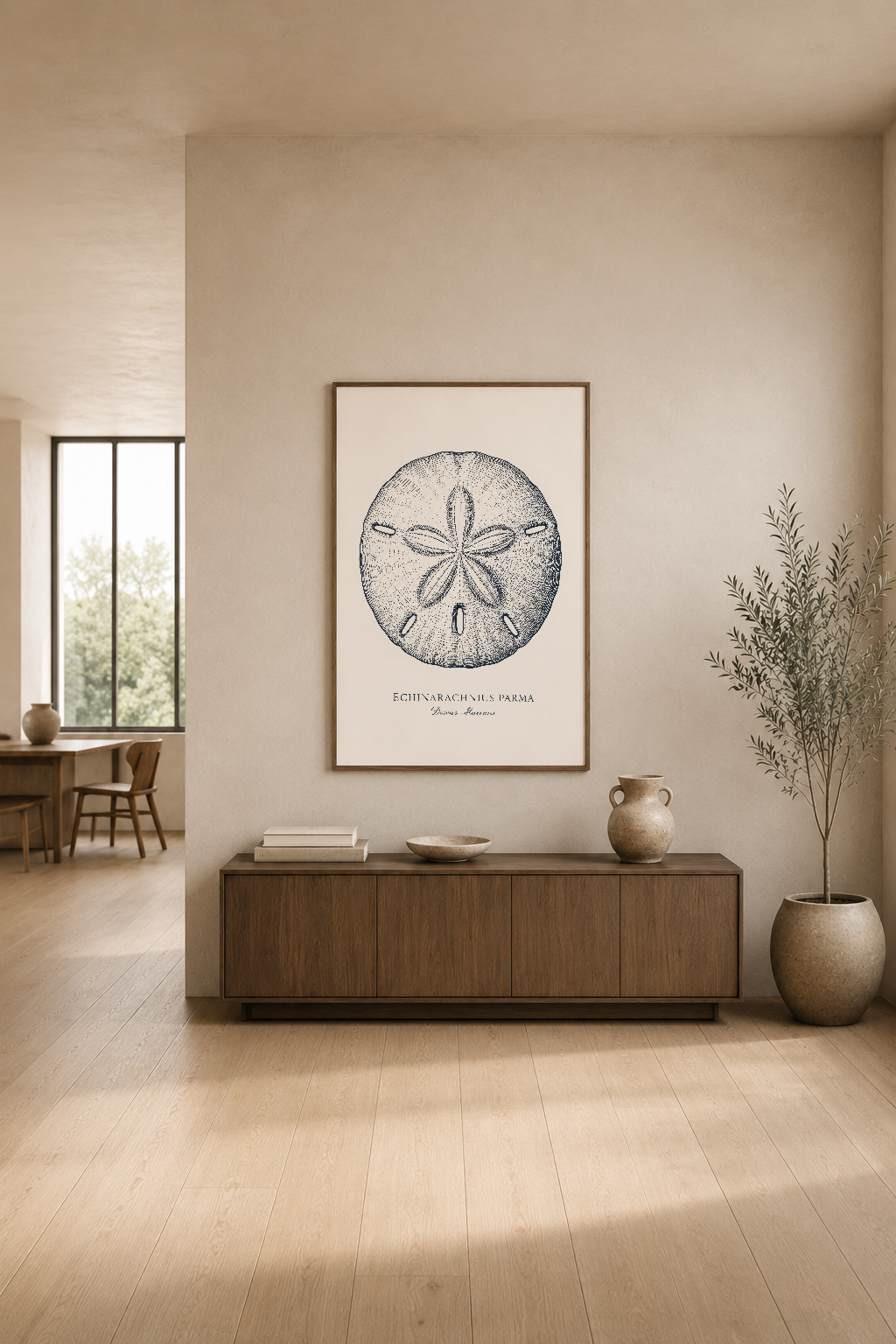 Eşkenar geometrik desenli deniz yıldızı motifli sanat baskısı, minimalist oturma odasında duvar dekorasyonu.