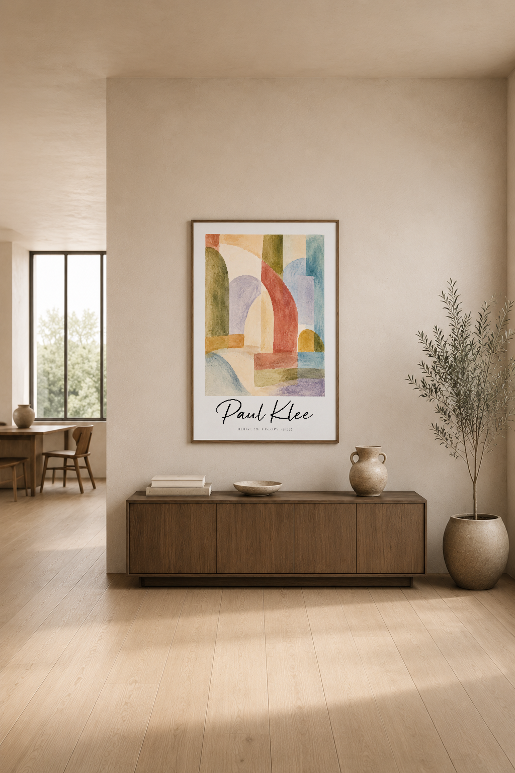 Paul Klee House of Colors poster, modern oturma odasında, yumuşak tonlar ve minimalist dekorasyonla uyumlu sanat eseri.