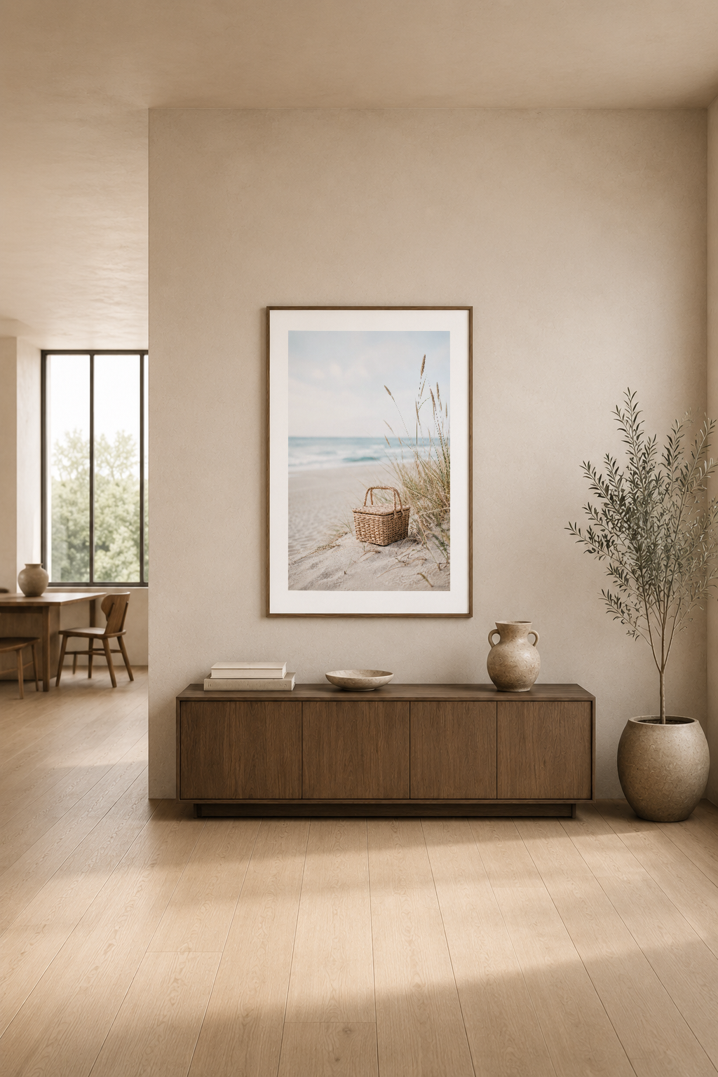 Krem tonlu modern oturma alanında, ahşap konsol üzerinde sergilenen huzurlu plaj temalı sanat tablosu.