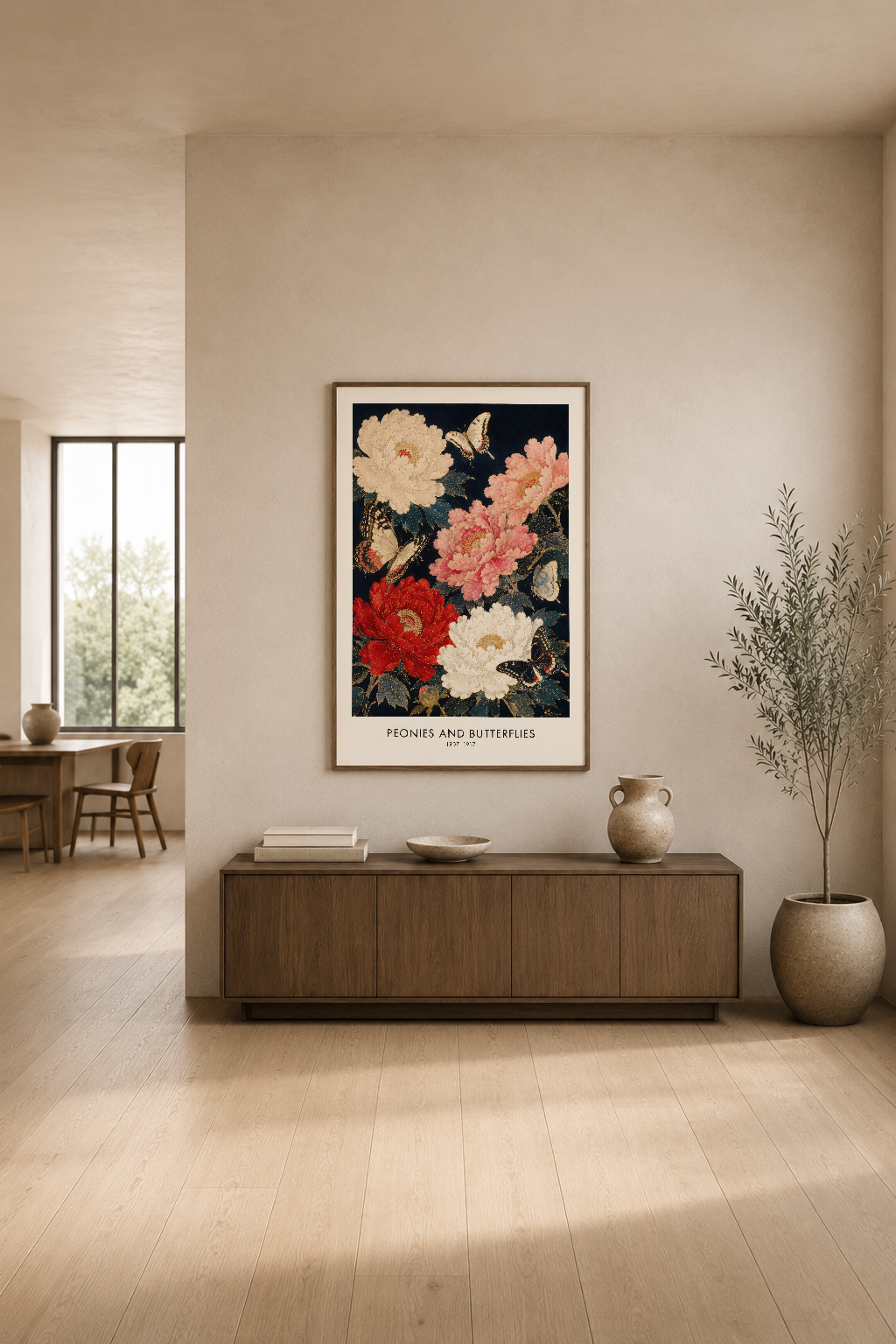 Ahşap konsol ve vazo yanında asılı peoniler tablosu, modern minimalist oturma odasına sanat ve doğal güzellik katıyor.