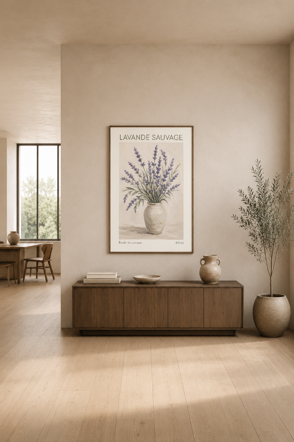 Lavanta Sauvage sanat baskısı, modern oturma alanında ahşap mobilyenin üstünde asılı, ılık dekorasyon tamamlayan piece.
