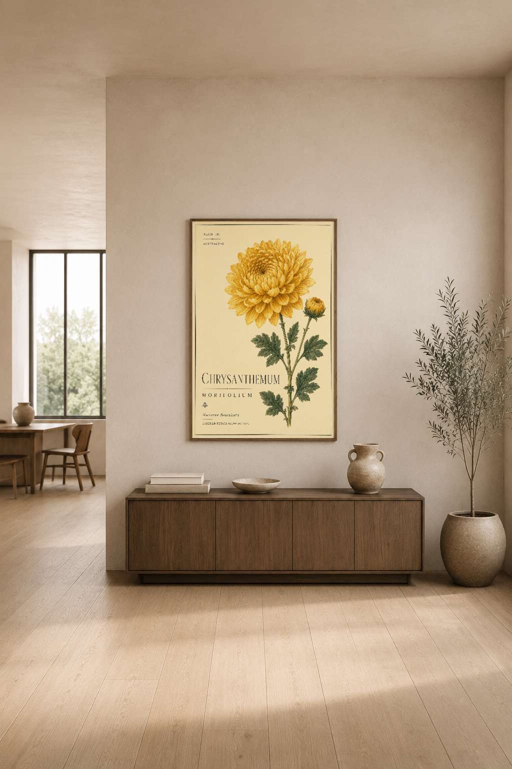 Klasik chrysanthemum baskısı, krem tonlu modern oturma odasının duvarında ahşap mobilyaların üzerinde asılı.