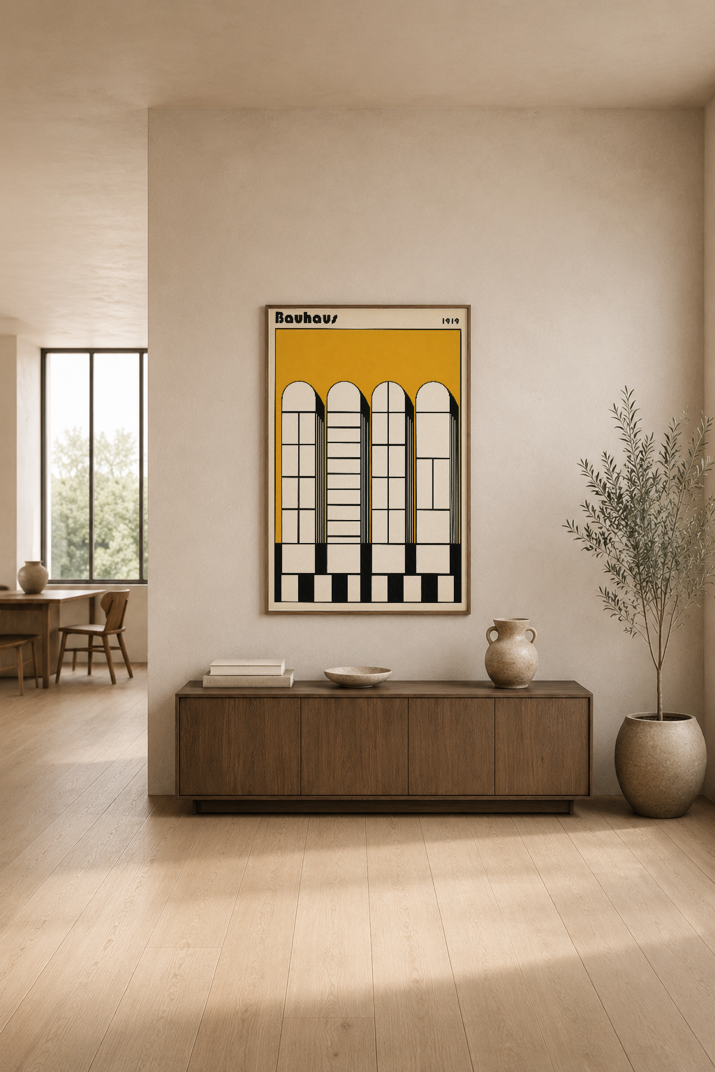 Bauhaus mimari motifi taşıyan sarı-siyah-beyaz poster, modern oturma alanında nötr duvarda asılı dekorasyon.