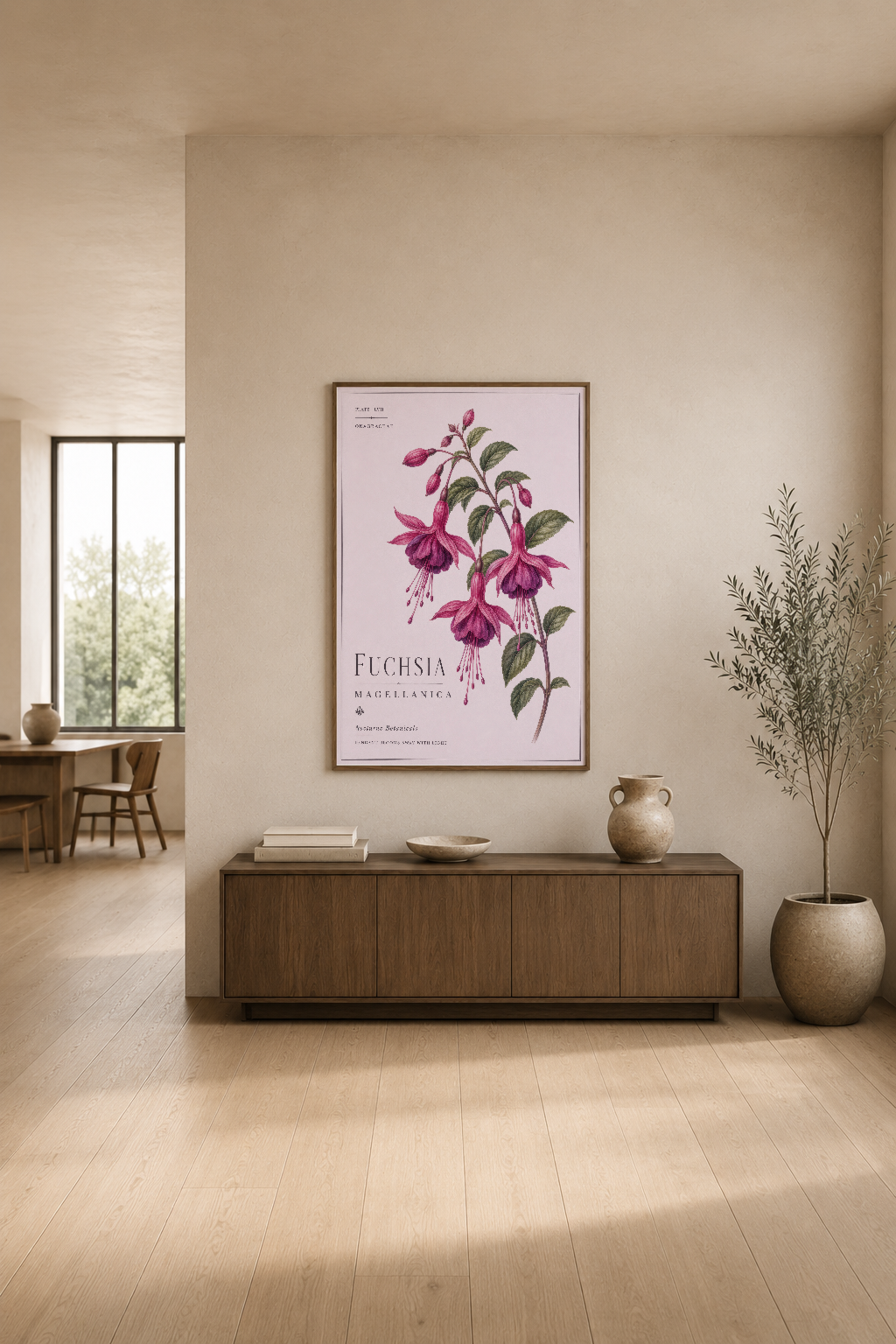Minimalist oturma odasında asılı fuchsia botanik tablosu, doğal ışıkla aydınlanan modern iç mekan dekorasyonu.