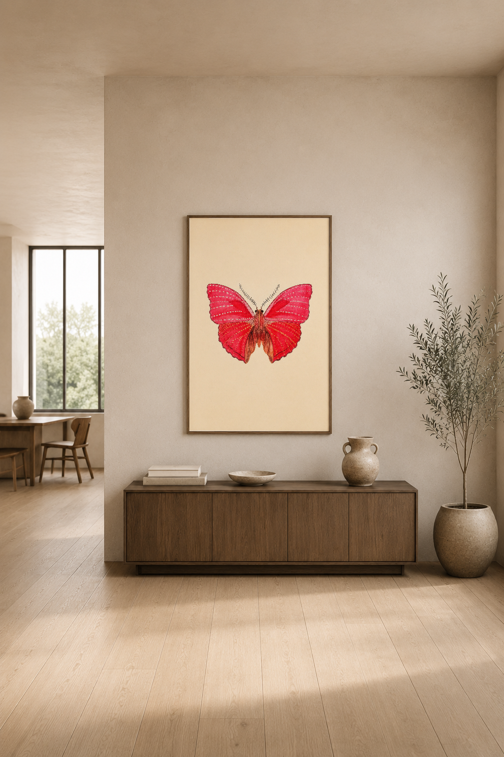 Canlı kırmızı kelebek tasarımlı sanat baskısı, modern oturma odasının merkezinde dikkat çekiyor.