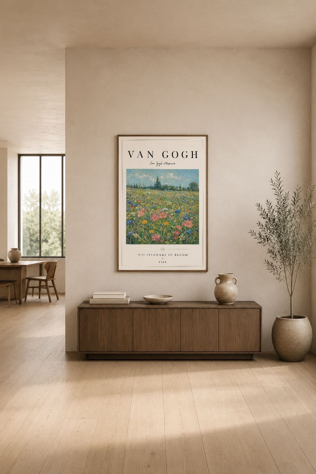 Çiçek tarlası tasvirli Van Gogh posterinin, modern minimalist oturma odasının duvarında sakin bir güzellik yarattığı