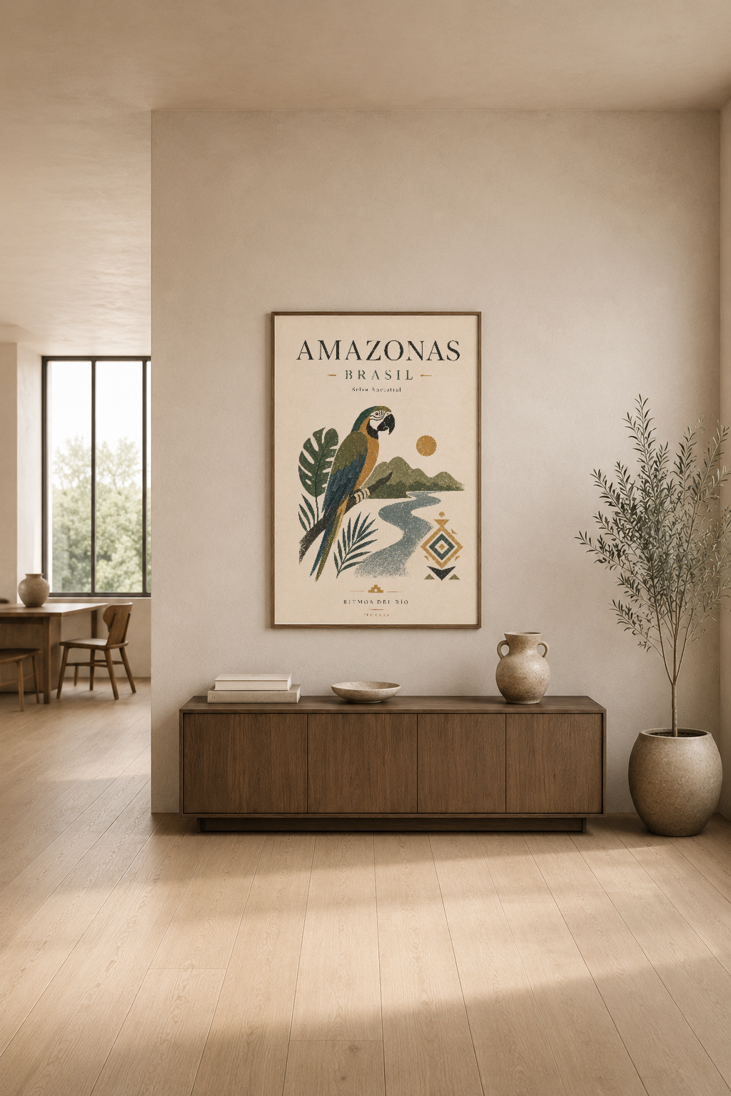 Amazonas Brasil posteri, minimalist oturma odasında mobilya üzerinde, doğal ışık ve bitki dekorasyonuyla.