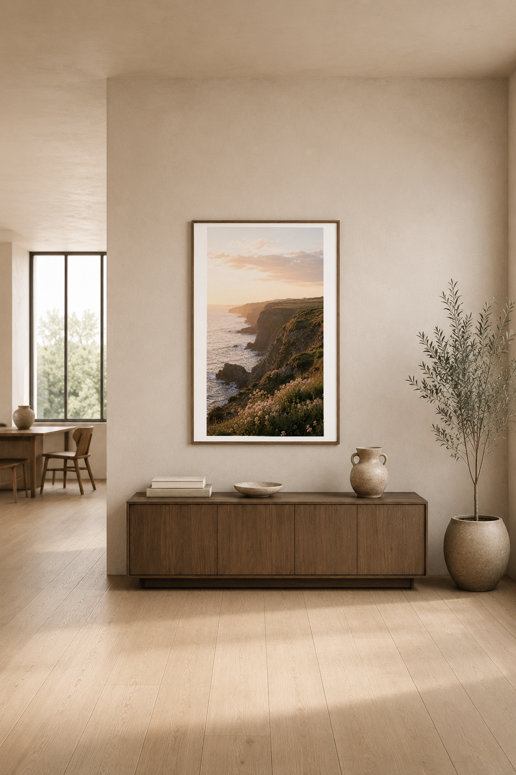 Altın saatli koy manzarası posteri, modern oturma odasının konsol üstünde asılı duvar dekorasyonu.