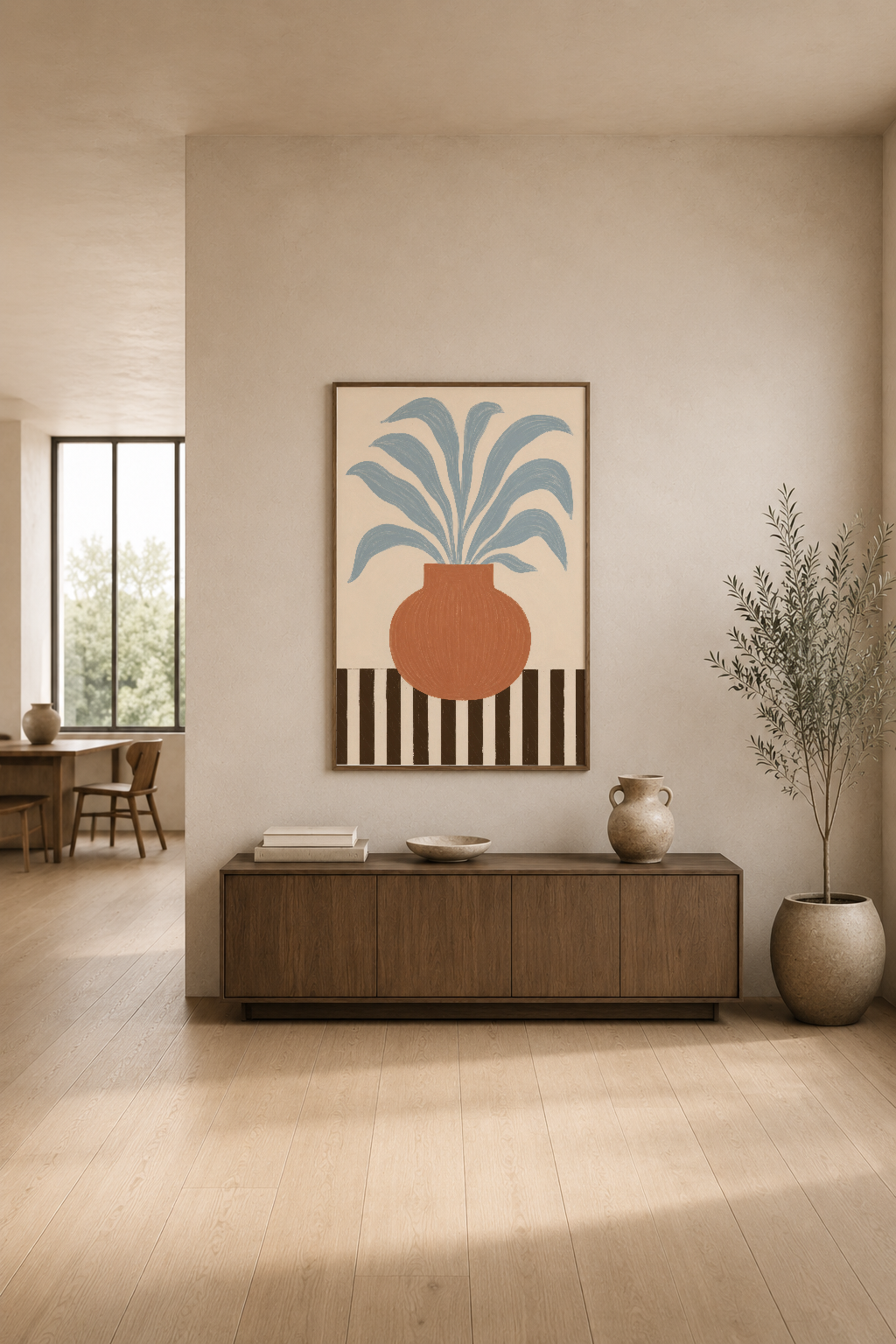 Minimal sanat tablosu, oturma odasının ahşap dressuarının üstünde, doğal ışık ve bitki dekorasyonuyla.