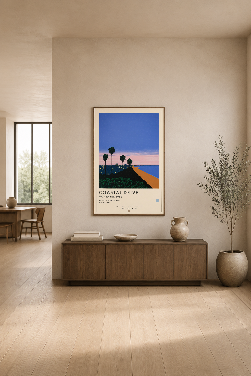 Sıcak tonlı minimal iç mekanda krem çerçeveli Coastal Drive sanat tablosu, mobilya üzerinde sergileniyor.