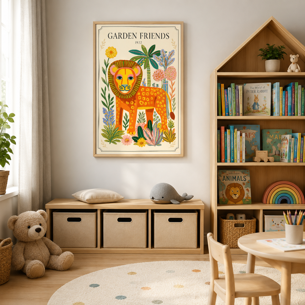 Canlı Garden Friends aslanı posteri, ahşap çerçevede, oyuncu odasında kütüphane ve oyuncak raflarının yanında.