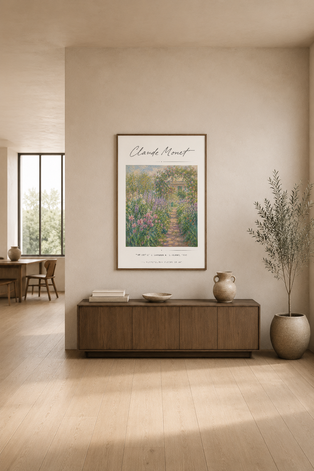 Monet'nin çiçek bahçesi posterinin ılık tonlu minimal oturma alanında, ahşap konsol üstünde asılı hali.