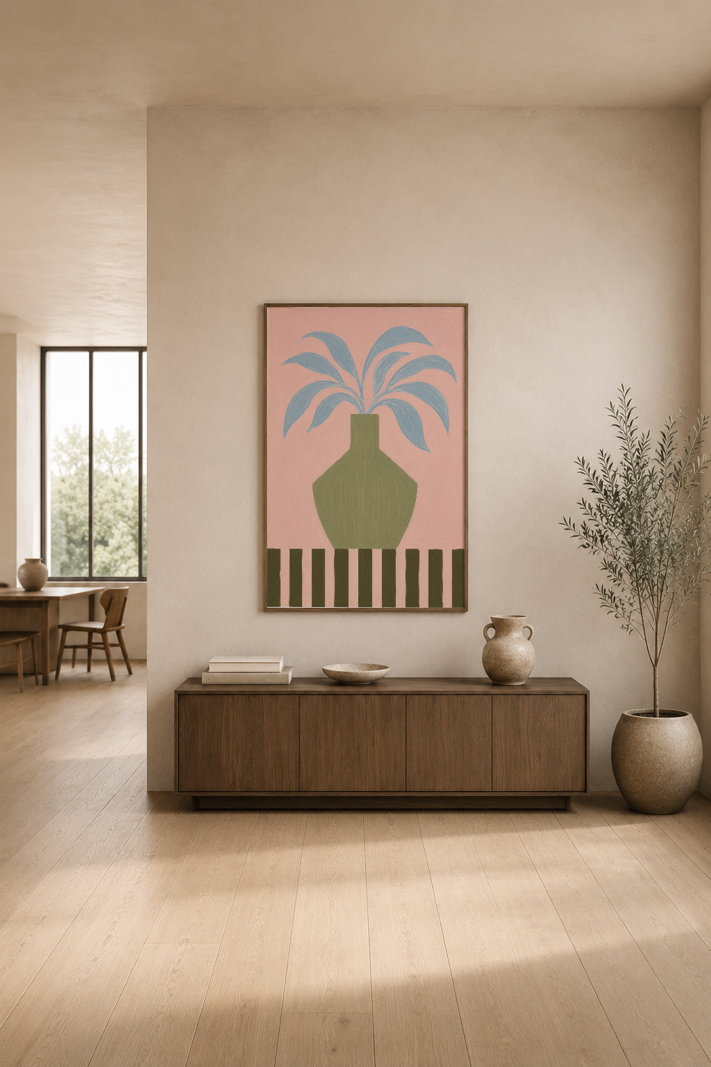 Pastel pembe arka planlı palmiye sanatı, zarif oturma alanının ana duvar dekorasyonu olarak konumlandırılmış.