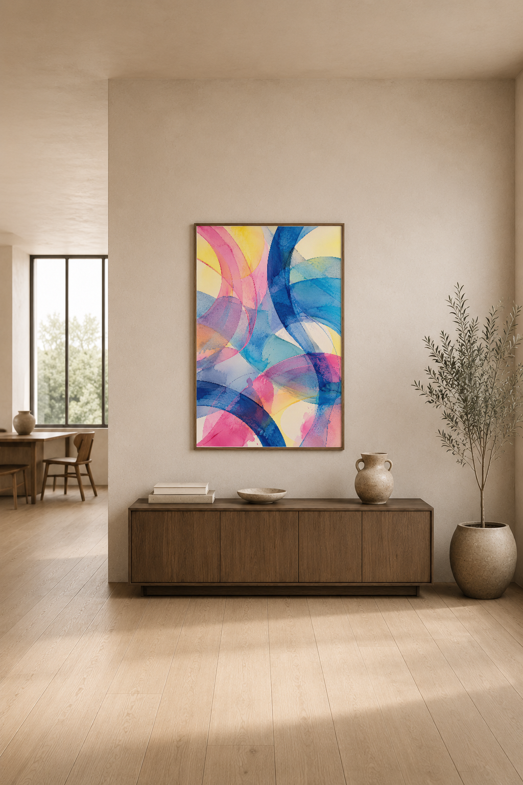 Pembe, mavi ve sarı tonlarında soyut akış deseni içeren contemporary poster, minimalist yaşam alanında sergileniyor.