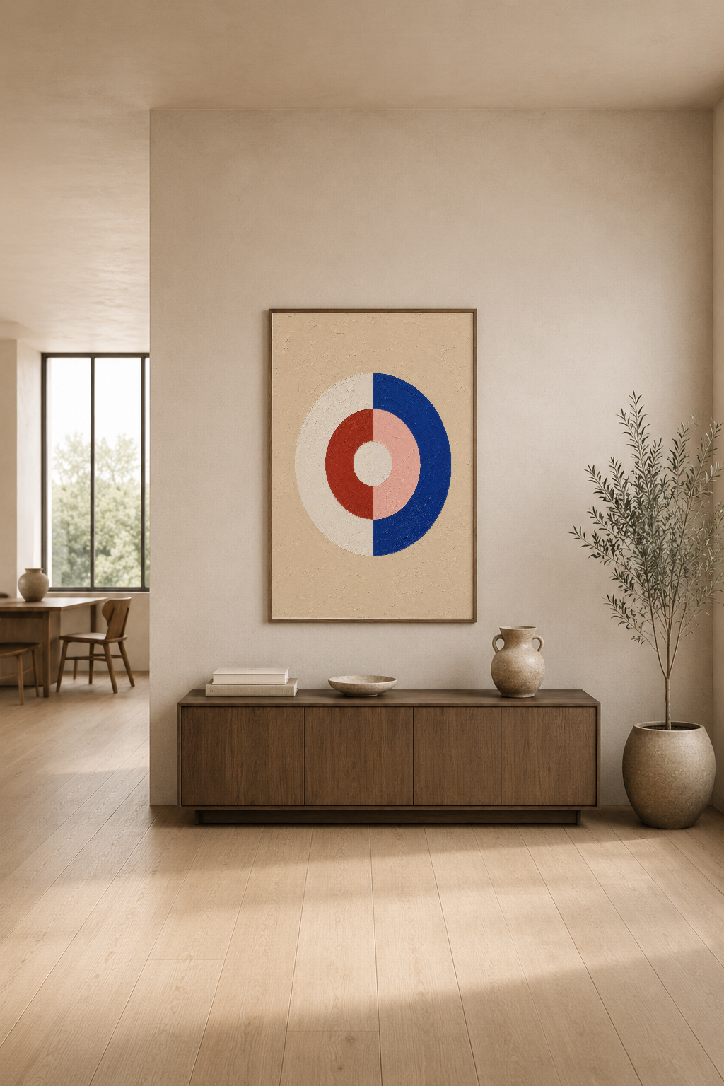 Ahşap mobilya üzerinde asılı, mavi, kırmızı ve beyaz daire tasarımlı modern poster.