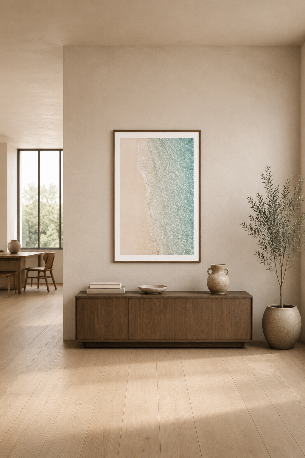 Plaj manzaralı modern sanat tablosu, açık oturma alanında konsolun üstünde şık bir dekorasyon detayı.