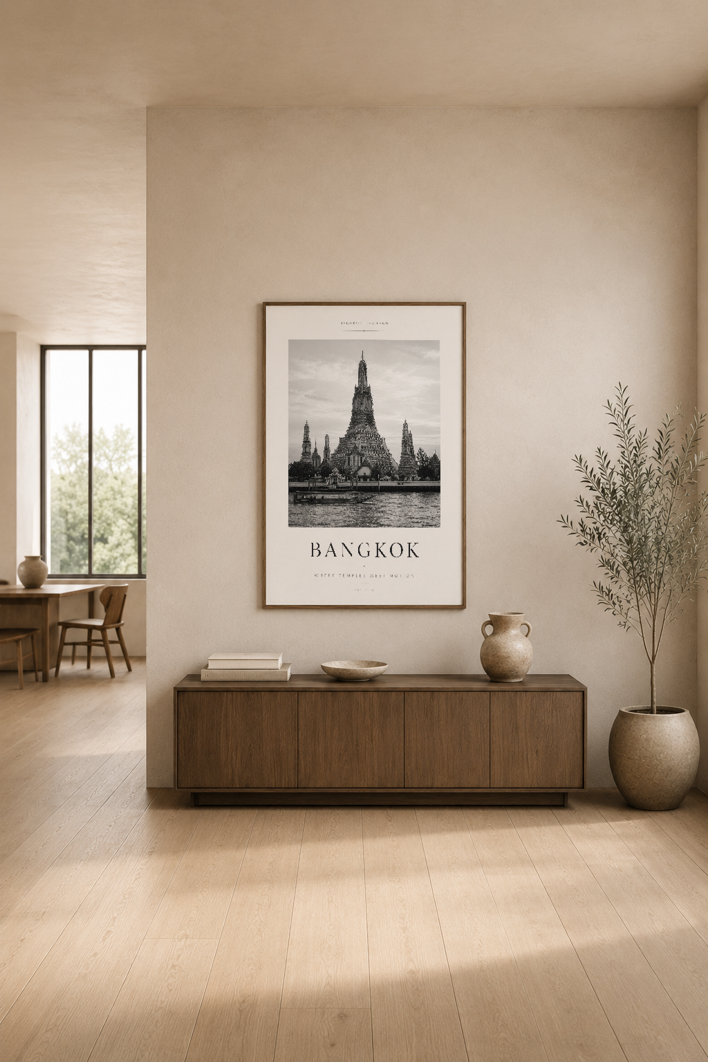 Bangkok'un ikonik tapınağını gösteren poster, ahşap konsol üstünde modern oturma odasının merkezinde.