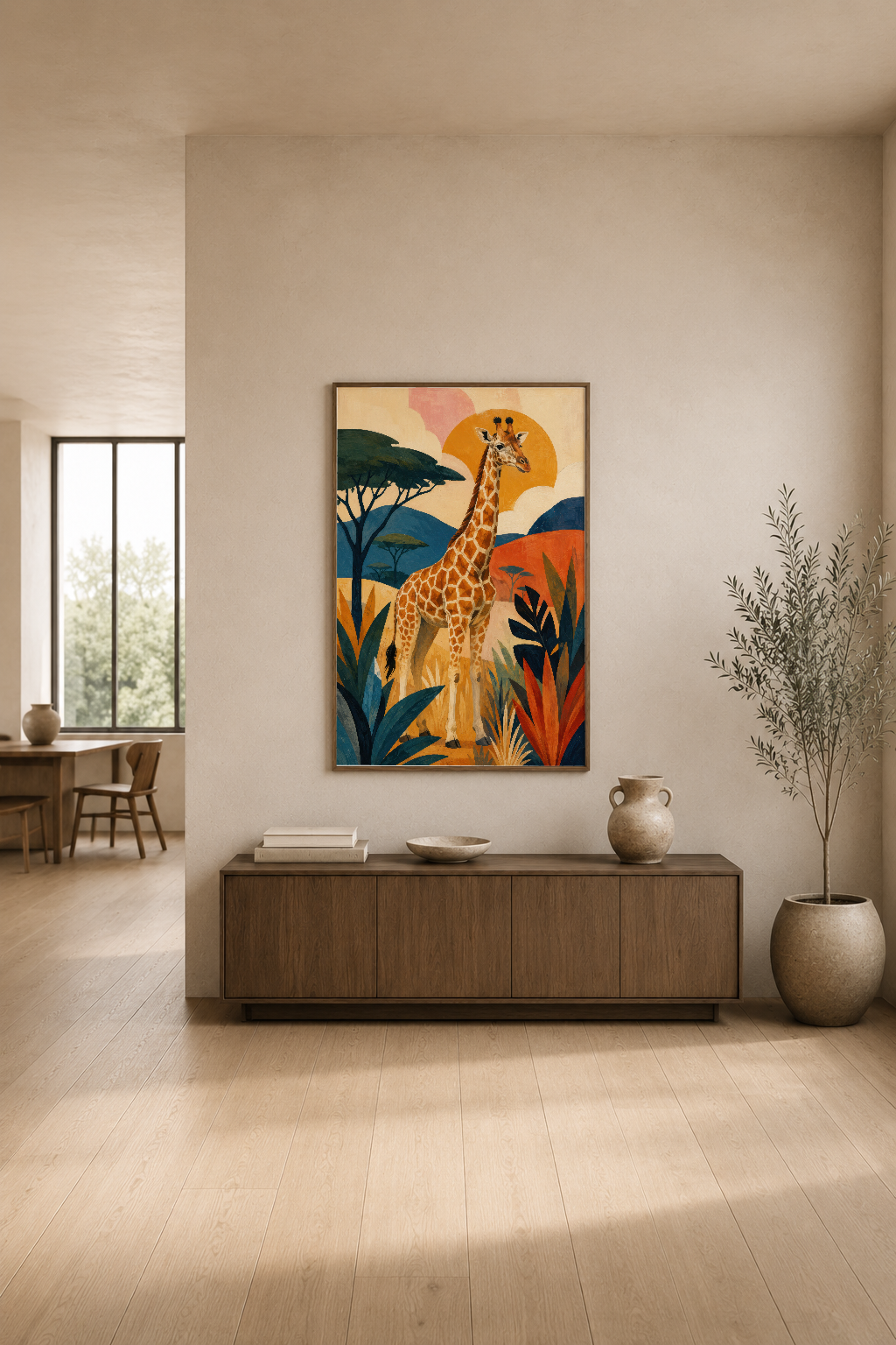 Sıcak tonlarla tasarlanan zürafa tablosu, modern oturma odasının duvarında dekoratif sanat parçası olarak yer alıyor.