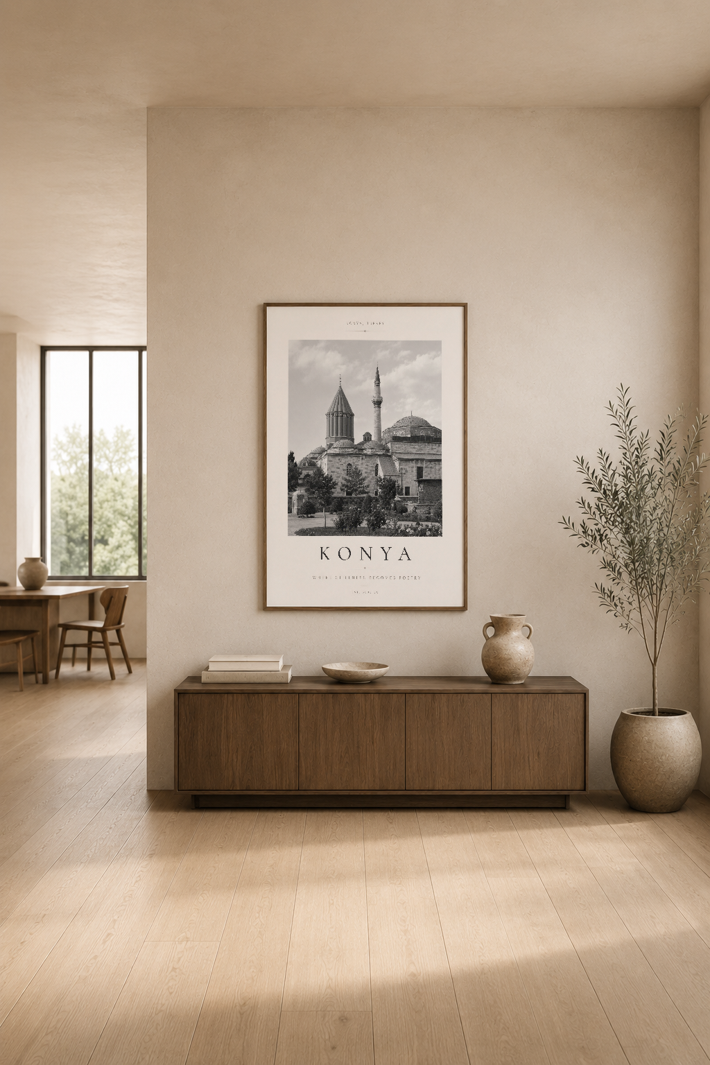 Konya Türkiye siyah beyaz poster, modern oturma odasında konsol üstünde zarif bir şekilde sergileniyor.