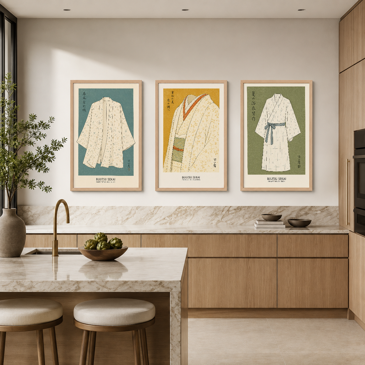 Japon kimono tasarımlarını gösteren üç parçalı poster seti, modern mutfağın beyaz duvarında zarif bir dekorasyon oluşturuyor.