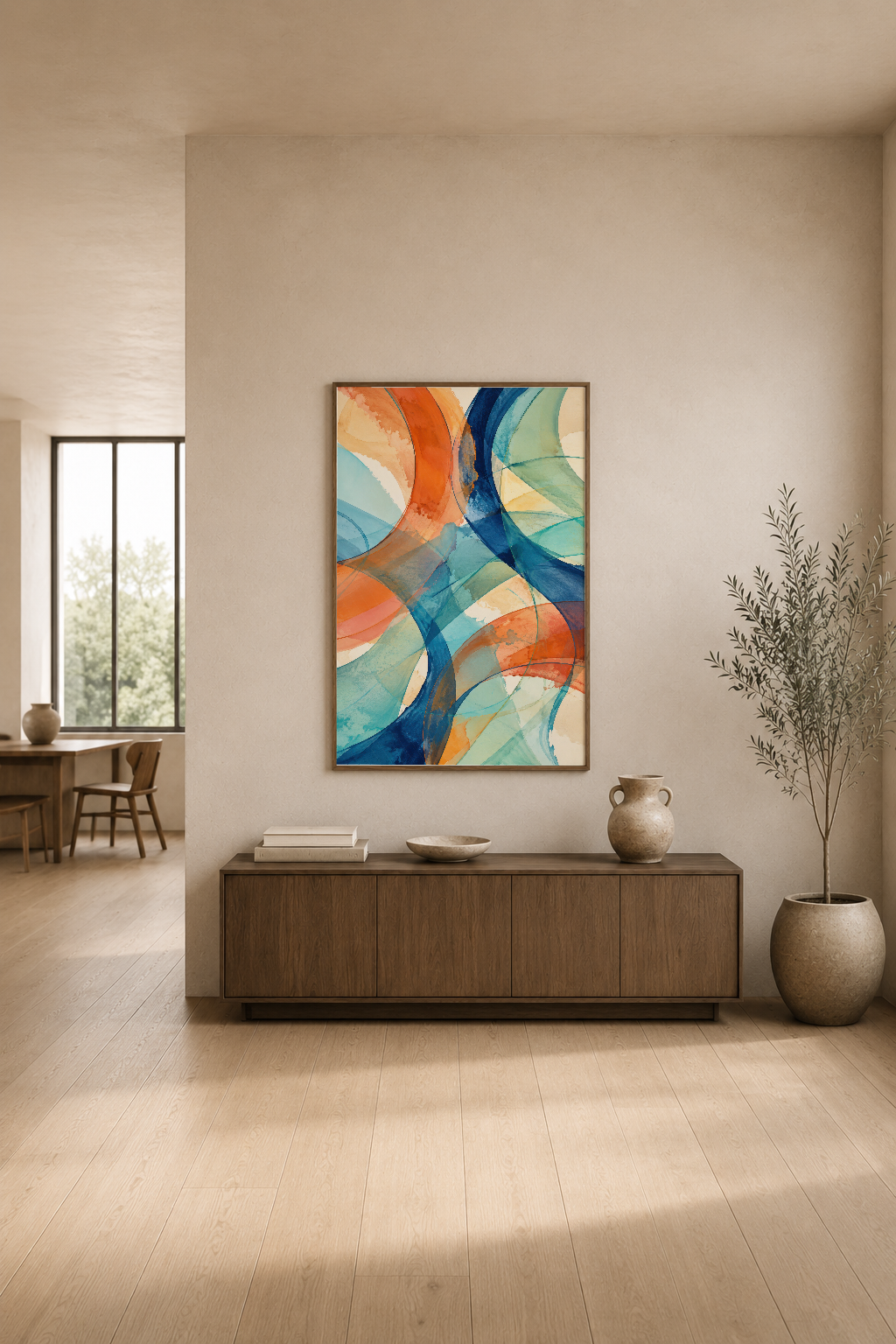Yumuşak beige tonlarda minimalist iç dekorasyonda, ahşap dolabın üstünde asılı renkli soyut sanat tablosu.