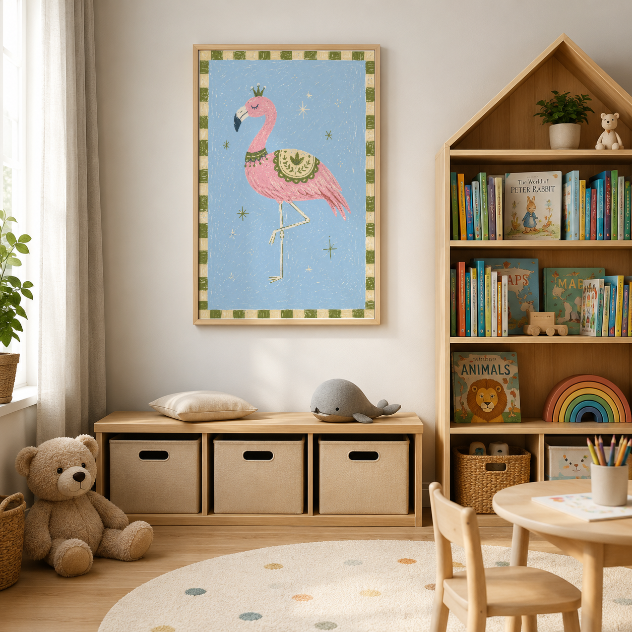 Pembe flamingoyu konu alan sevimli poster, çocuk odasının duvarında kitap raflarının yanında sergileniyor.