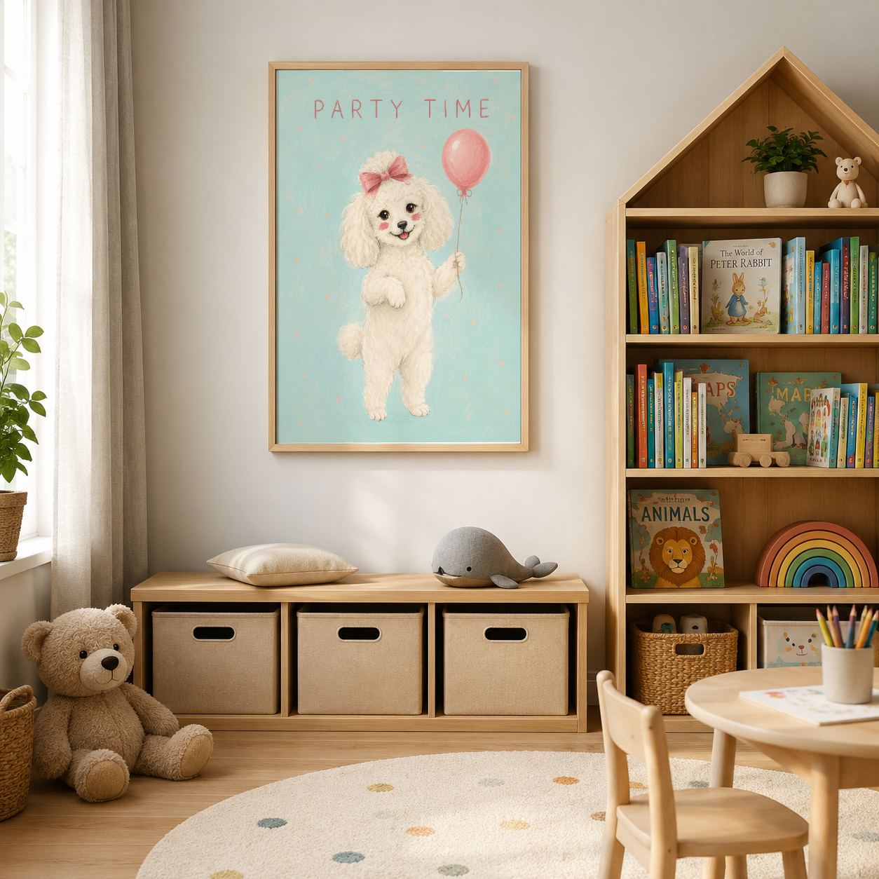 Sevimli köpek karakteri ve balon tasarımlı Party Time posteri, ahşap çerçevede oyun odasında.