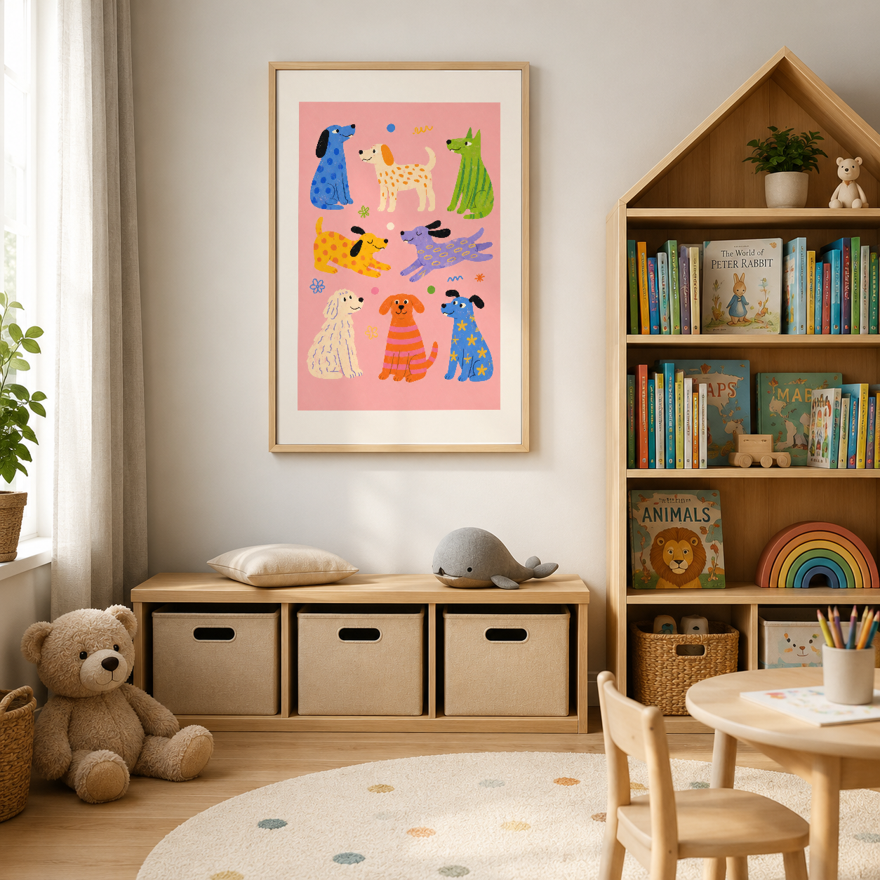 Neşeli köpek deseni pembe posterli duvar sanat, ahşap kitaplıkla donatılmış çocuk odası dekorasyonu.