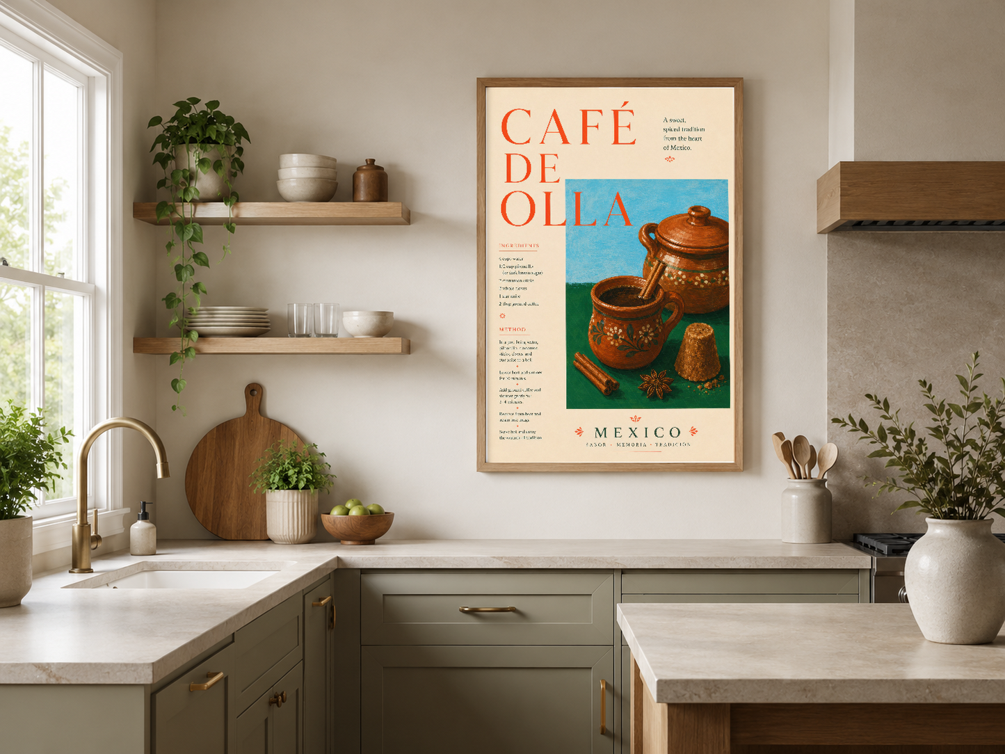 Vintage Café de Olla tablosu, açık kahverengi ahşap çerçevede, rustik mutfak dekorasyonunun merkezi parçası olarak duruyor.