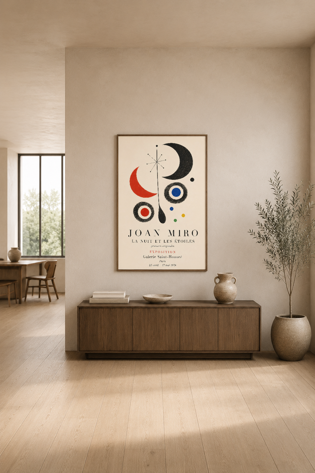 Joan Mirö sanat baskısı geometrik ay ve renkli dairelerle, modern oturma odasının konsol üstünde asılı.