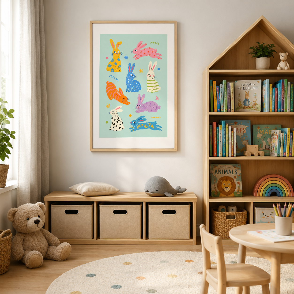 Pastel tonlı hayvan illüstrasyonlu tablo, ahşap çerçevesiyle modern çocuk odasının duvarını güzelleştiriyor.