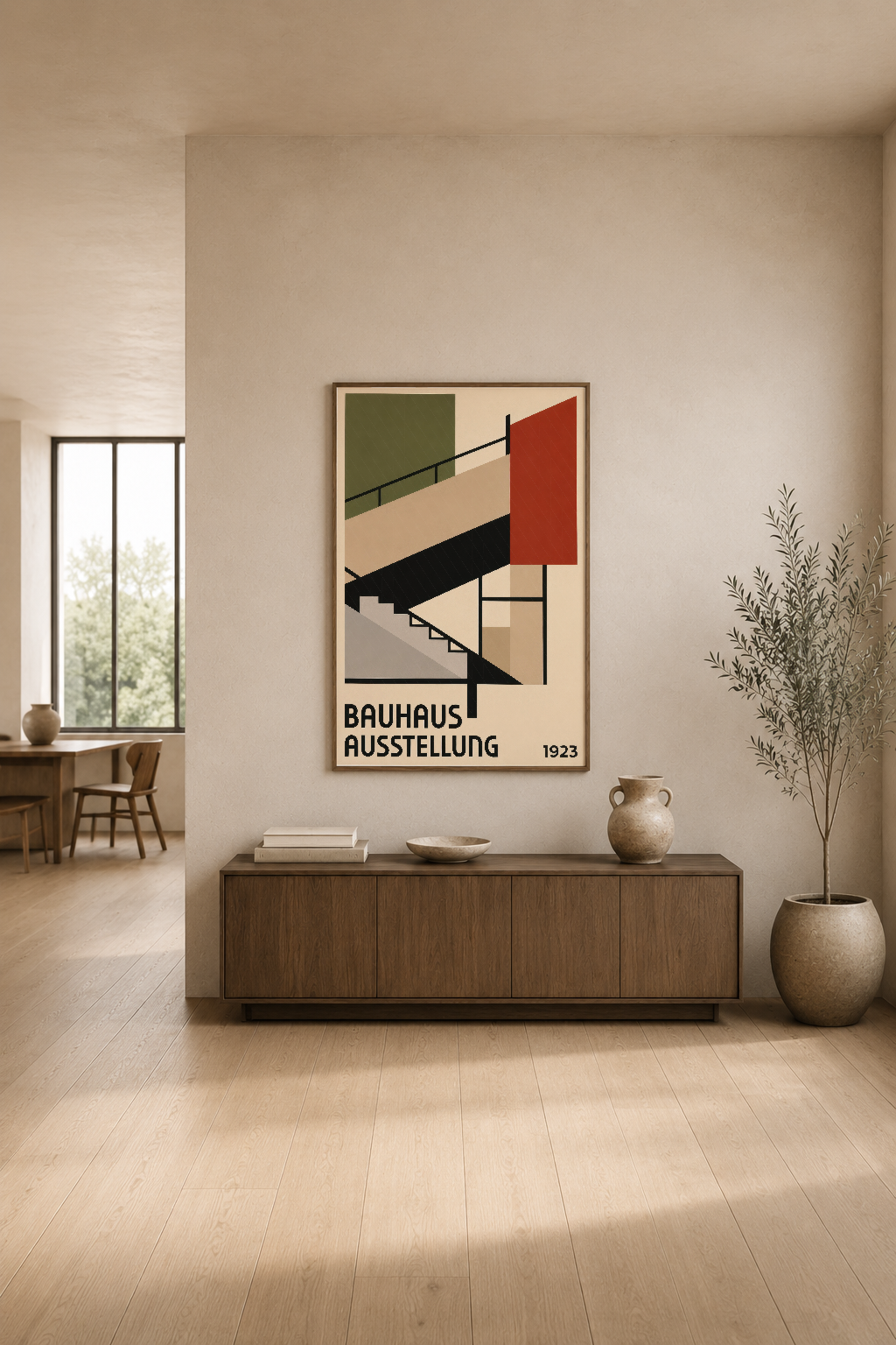 Bauhaus Ausstellung 1923 tablosu, minimalist oturma alanında nötr tonlar arasında sanat ve mimarlığın kesişimini yansıtıyor.
