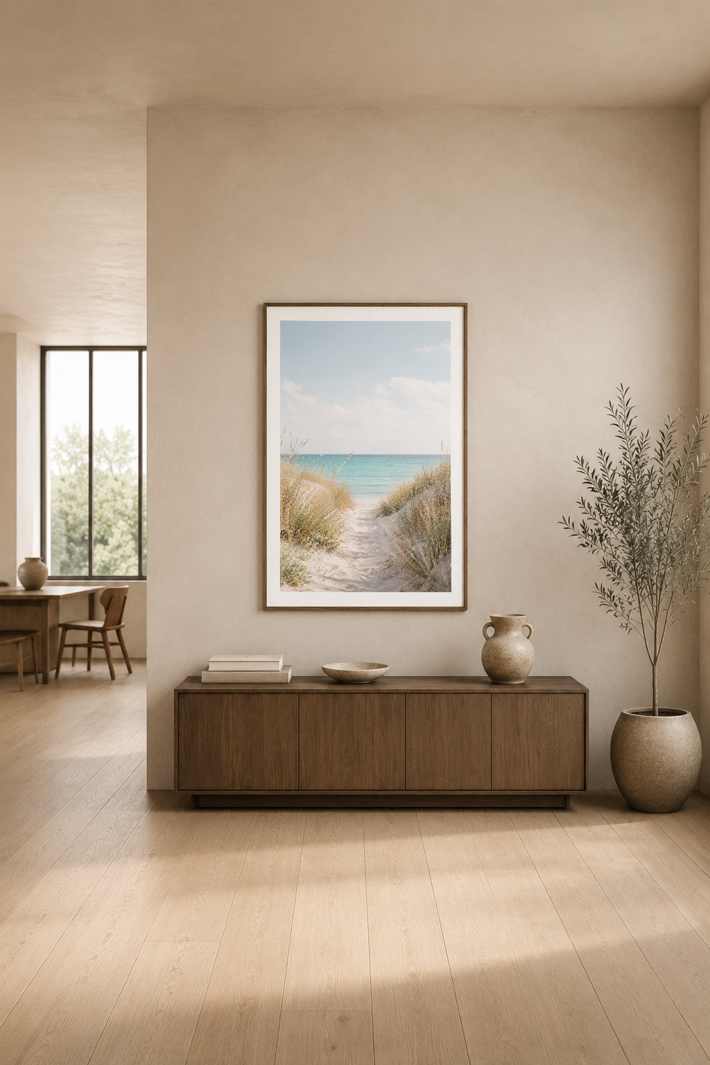 Plajın kum yoluna açılan kumsal manzarası, modern oturma alanında duvar taslağında sergilenmiş krem tonlu poster.