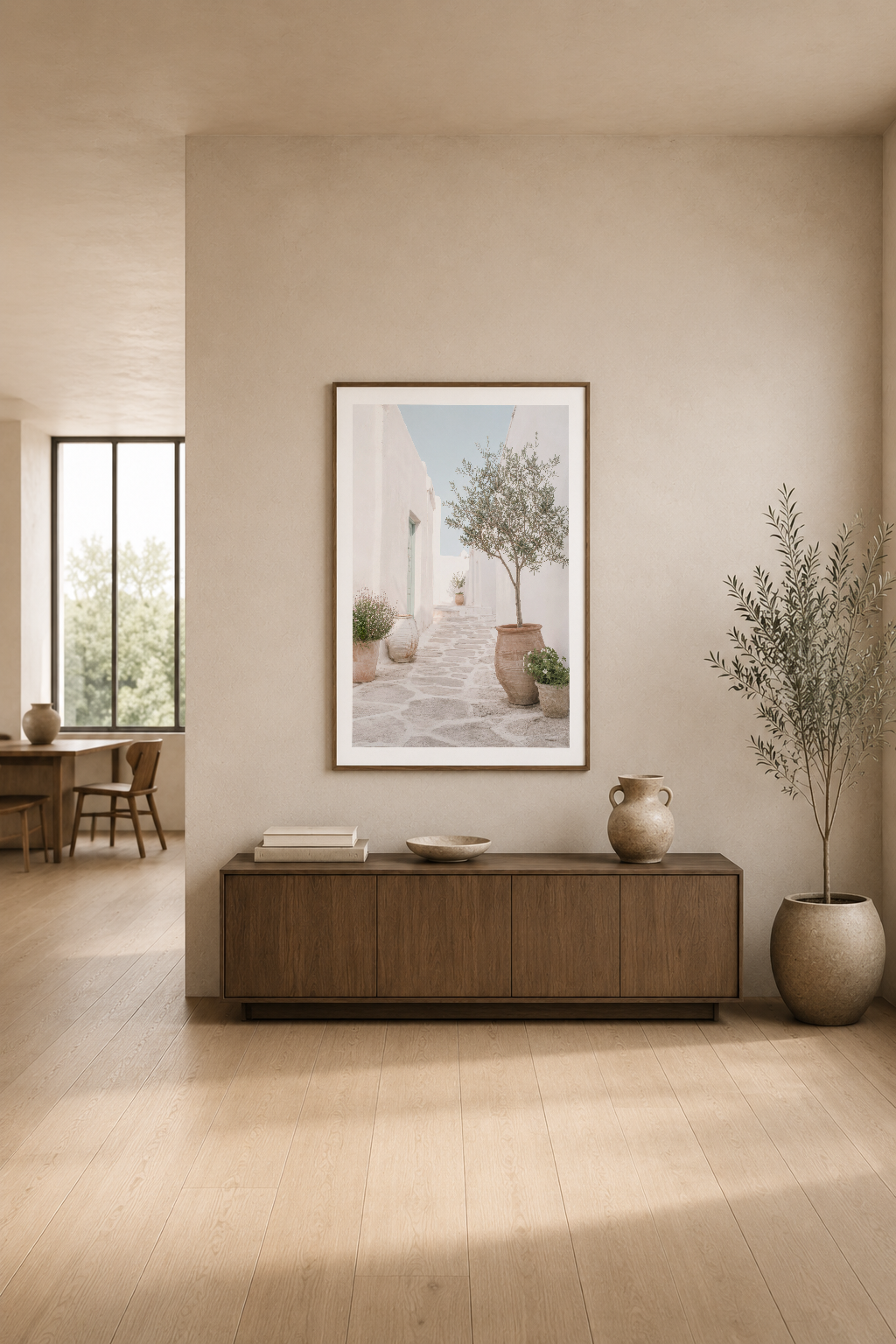 Açık havada terası konu alan yumuşak tonlu poster, modern oturma alanının duvarında şık bir dekorasyon.
