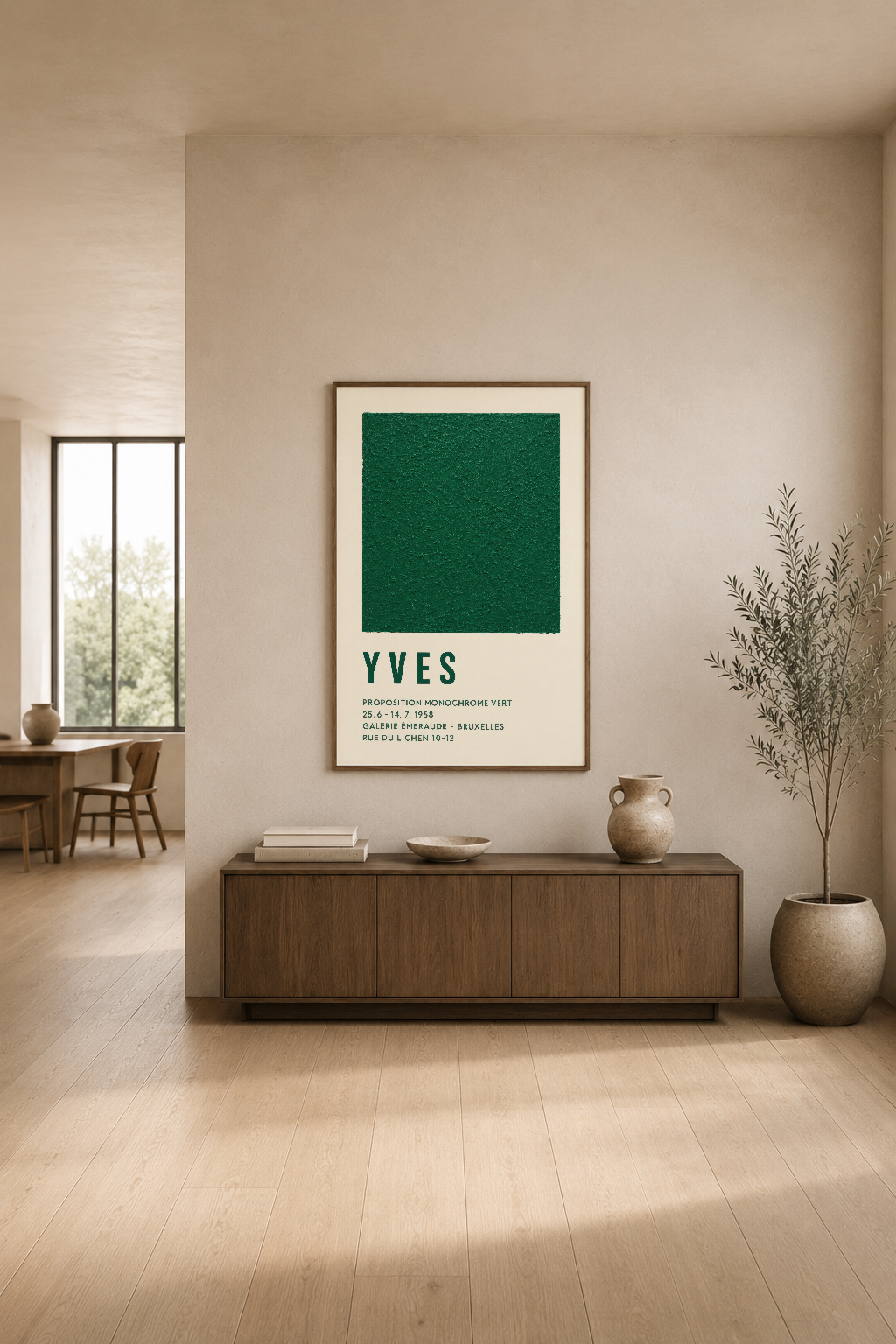Ahşap mobilyanın üstündeki YVES tablosu, modern oturma odasında sakin ve sofistike bir atmosfer yaratıyor.