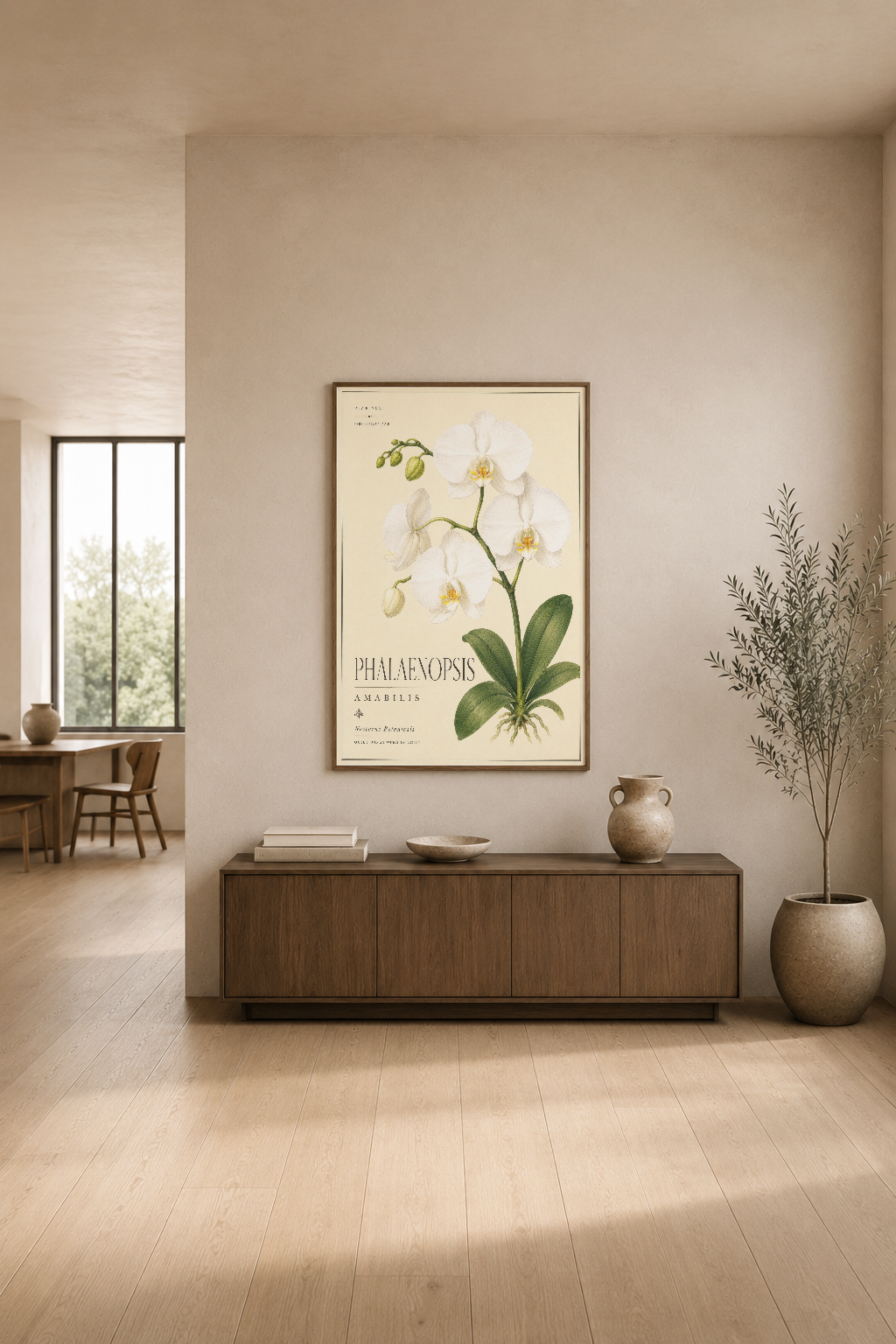 Minimalist oturma odasında, beige duvar üzerinde asılı phalaenopsis çiçeği posteri sakin atmosfer yaratıyor.