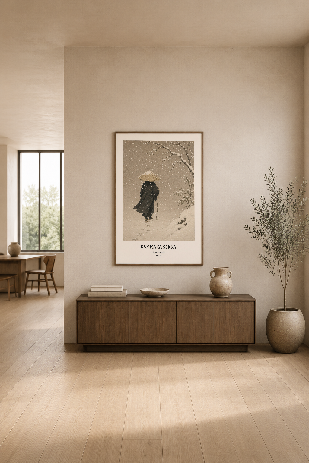 Japon sanat tablosu, modern ahşap konsol üstünde, minimalist oturma alanında duvara asılı.
