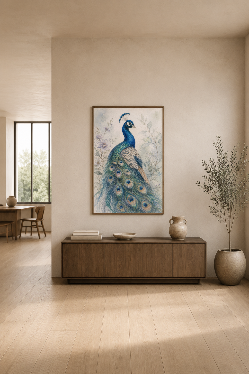 Zarif tavus kuşu görselli poster, minimalist oturma odasının konsol üstünde modern dekorasyonla.