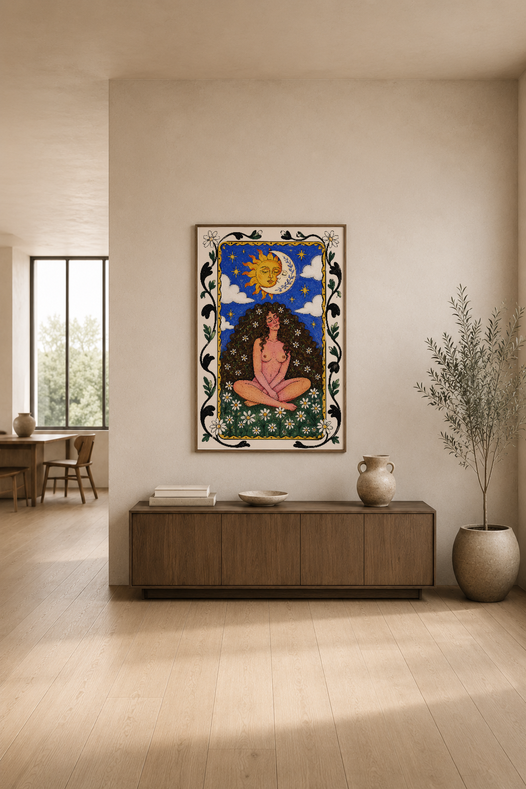 Mistik ay ve güneş temalı poster, minimalist oturma odasında duvar dekorasyonu, botanik demet ve ahşap mobilya