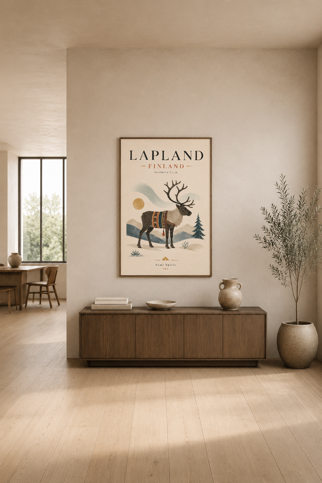 Skandinavyen minimal yaşam alanında, ahşap dolap üstüne asılı Lapland poster, doğal sakinliği yansıtıyor.