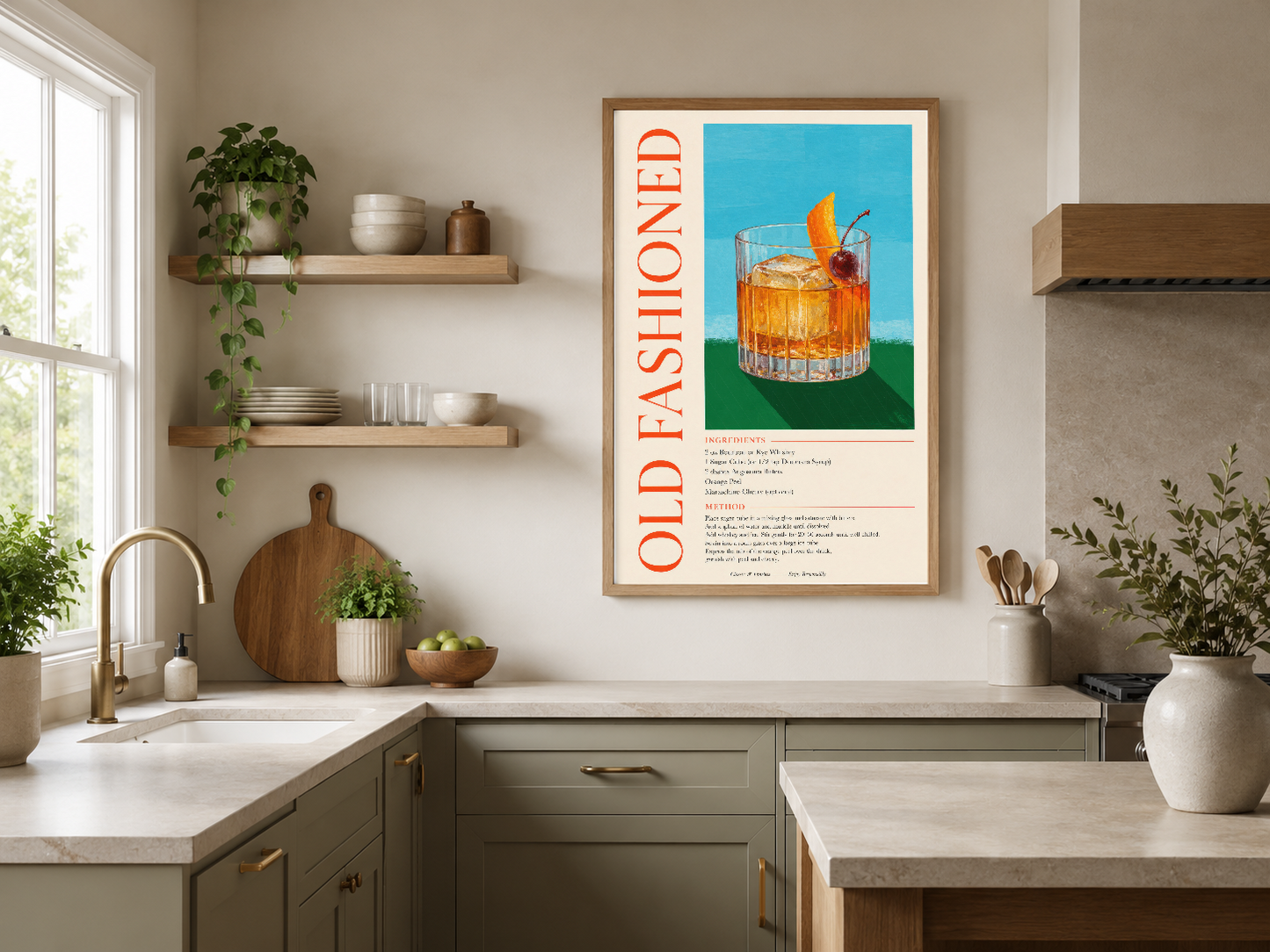 Turuncu kokteyl görselli vintage poster, kahverengi çerçevede mutfak duvarına asılı.