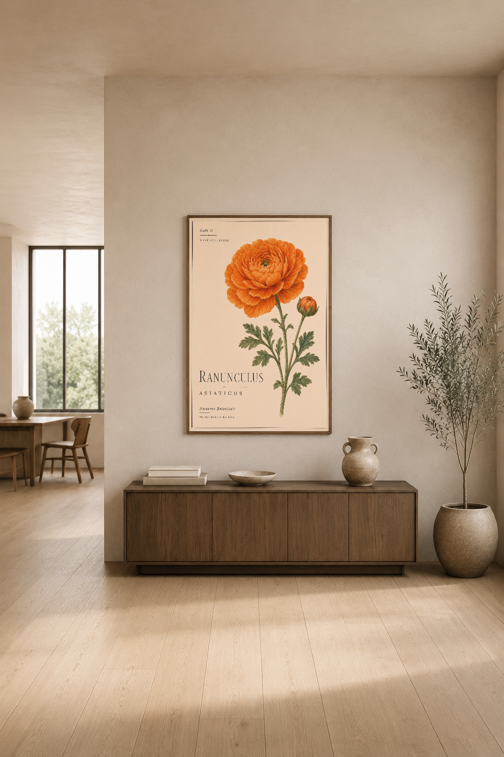 Canlı turuncu Ranunculus tablosu, modern oturma odasının beige duvarında zarif şekilde sergileniyor.