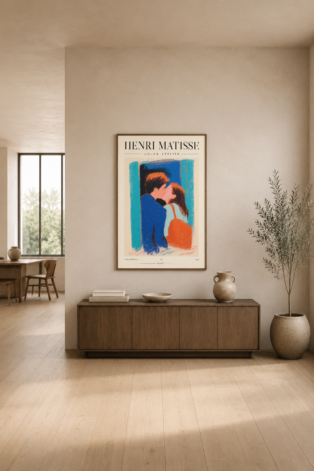 Matisse renk çalışması posteri, minimalist oturma odası dekorasyonunda raflı konsol üzerinde modern görünüm sağlıyor.