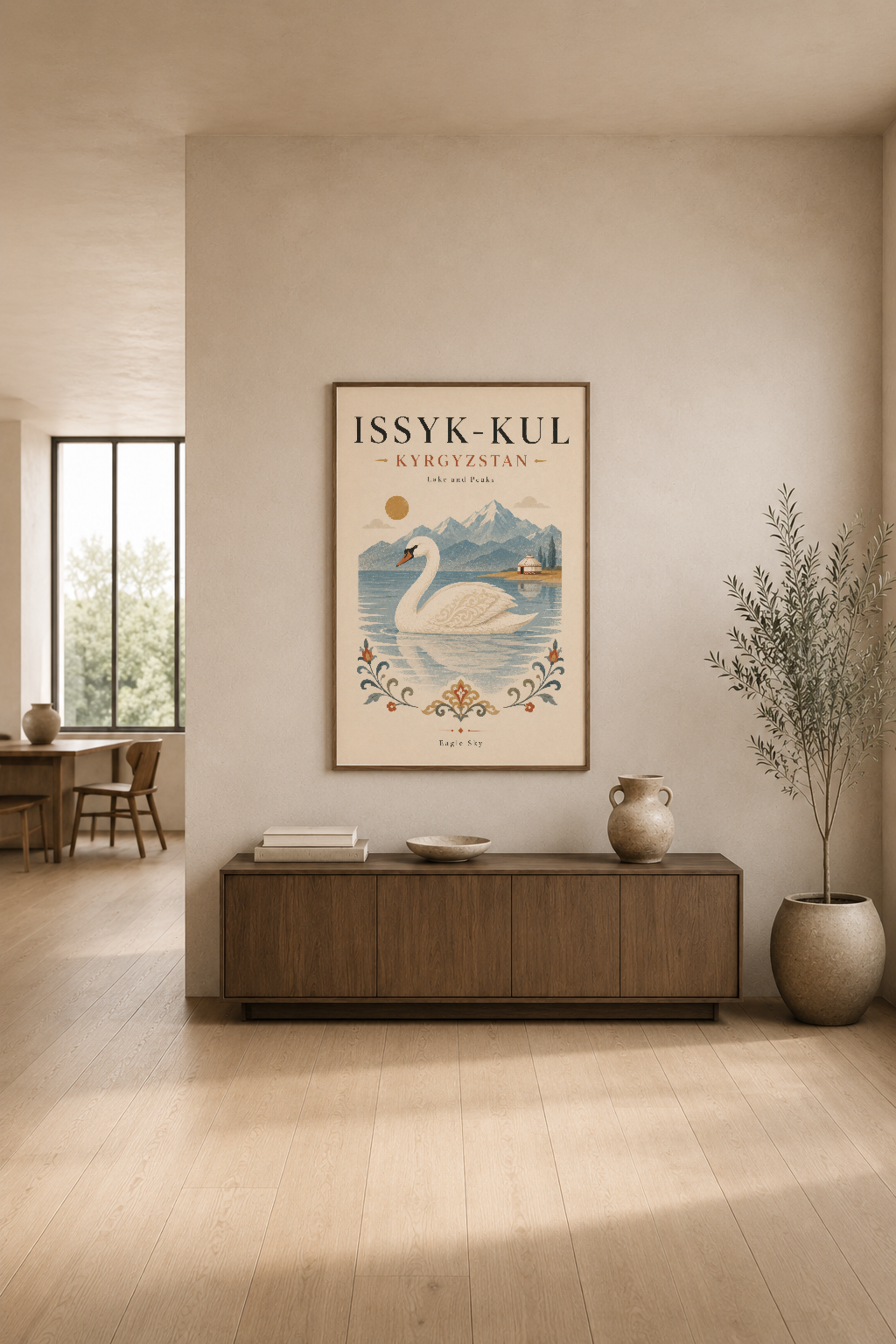 Issyk-Kul Kyrgyzstan posteri, modern salon dekorasyonunda vintage sanat stili ile sergilenen kuğu ve dağ tasarımı.