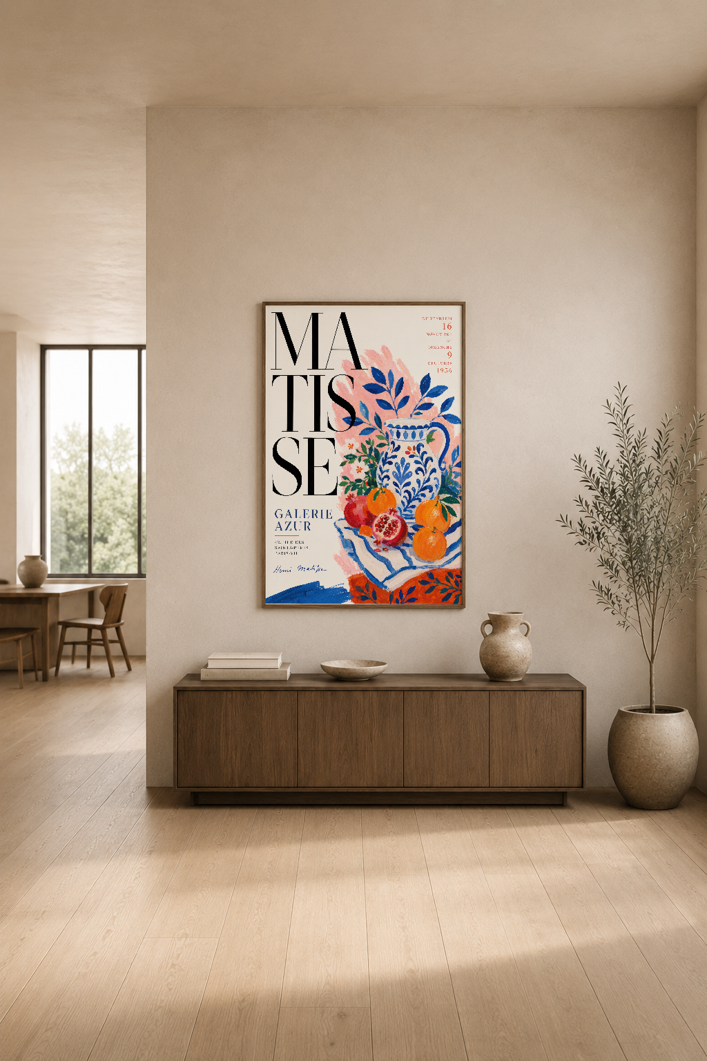 Matisse Galerie Azur posteri, modern oturma odasında şık ve minimalist stil yaratıyor.