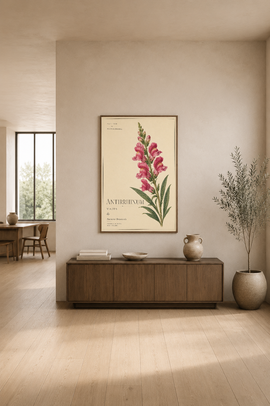 Vintage botanik baskısı, minimalist oturma odasında ahşap konsol üstünde zarif bir dekorasyon detayı.