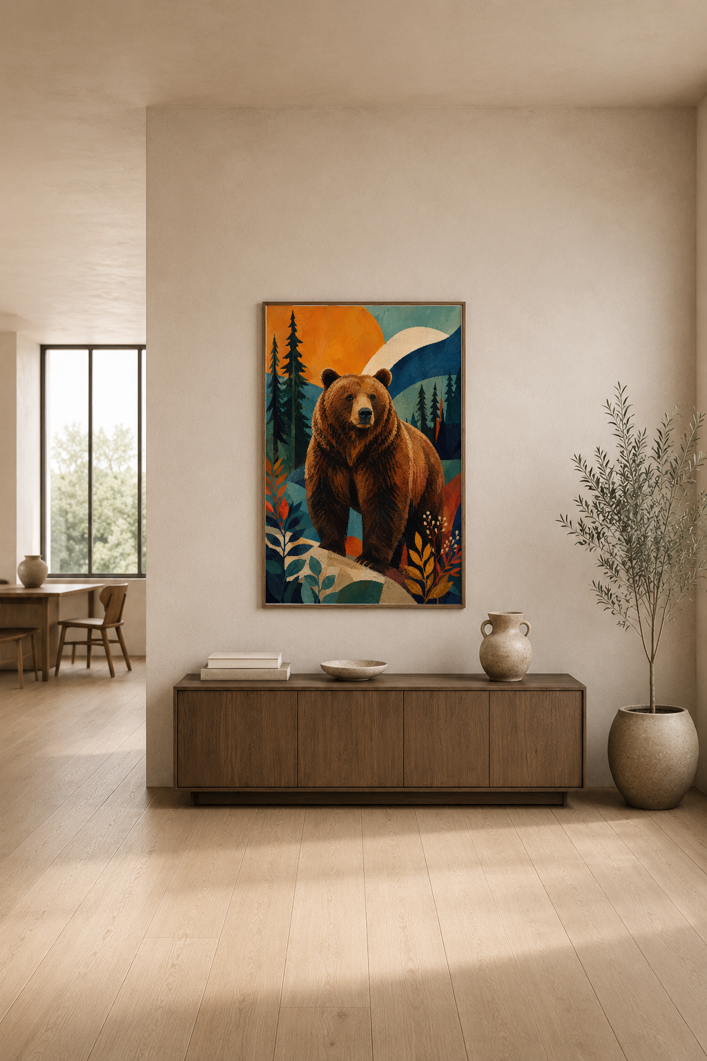 Modern oturma odasında, turuncu-mavi tonlardaki ayı tasarımlı poster asılı duvar sanatı.