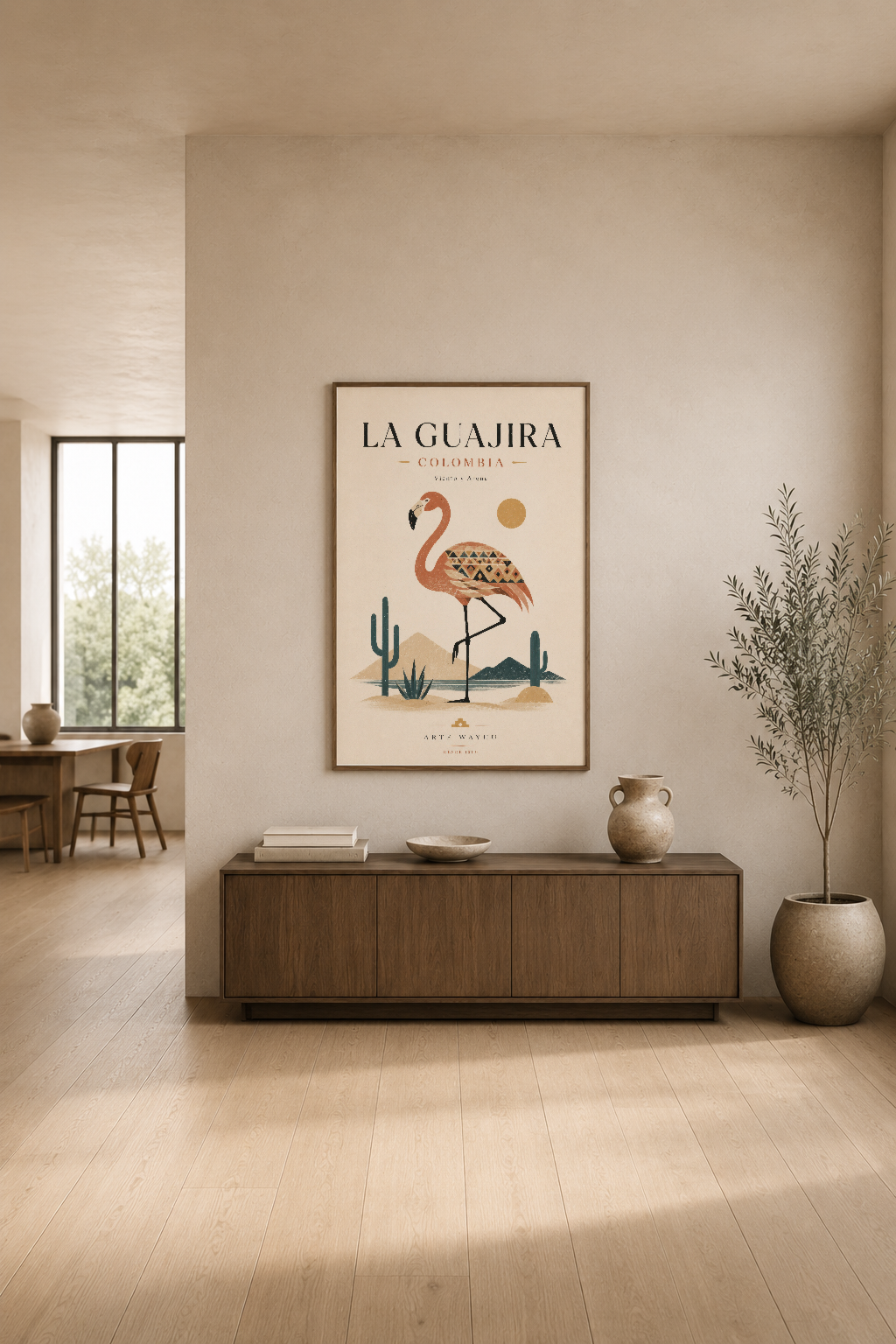 La Guajira Colombia posteri, modern ahşap konsol üzerinde asılı, sade oturma alanında etnik sanat vurgusu.