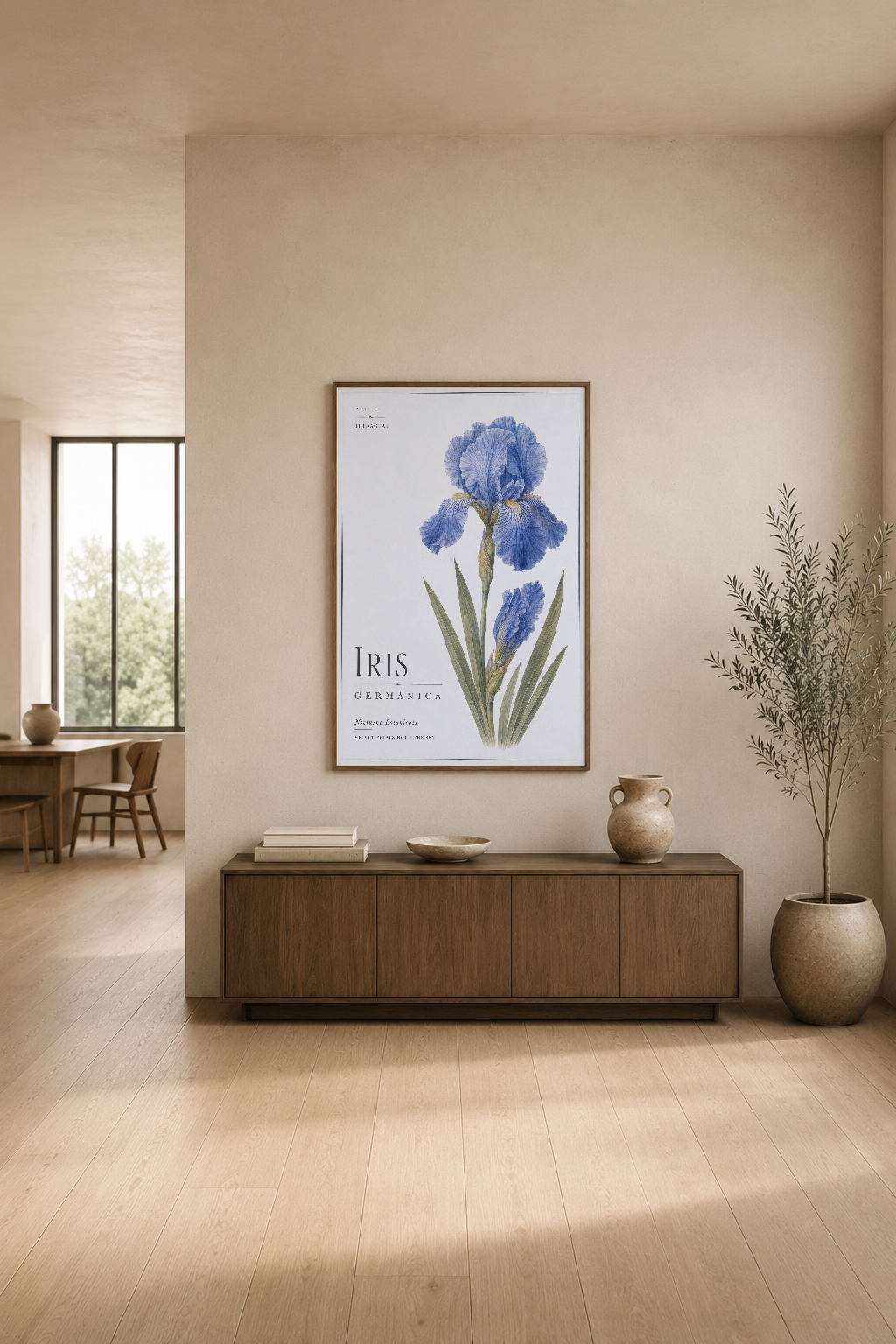 Ahşap apartemanda, modern konsol üstünde zarif mavi iris tasarımı duvar tablosu.