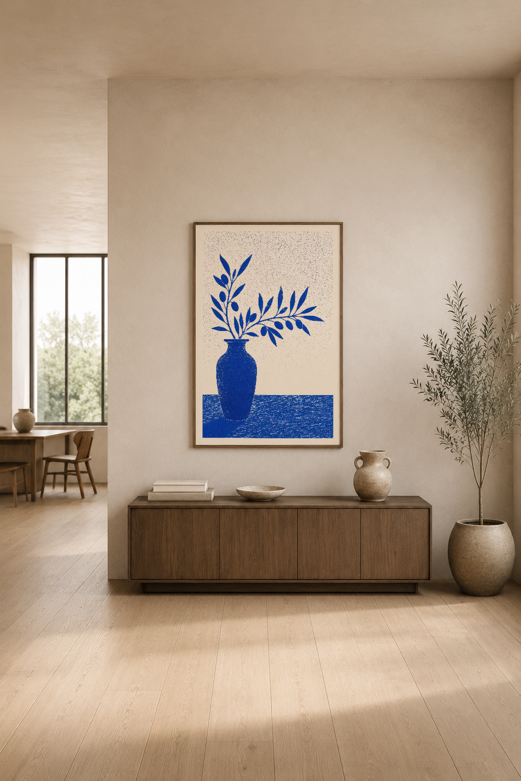Krem duvarlarında asılı mavi çiçek tablosu, ışık dolu minimalist oturma alanında sergilenmiş.